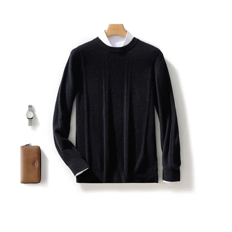 Autumn Winter 100% Merino Wool O-Neck Vertical Stripes Sweater Pullover Cashmere