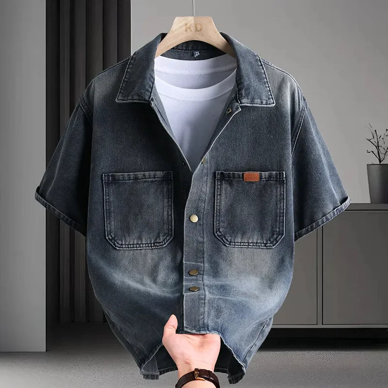 Trendy Men's Solid Denim Shirt Soft & Breathable Collar Multi-Pocket Short-Sleeve Casual Shirt Comfortable Men's Versatile Top