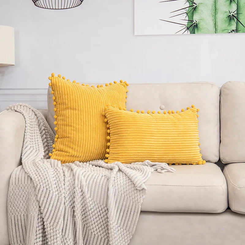 Corduroy Striped Cushion Cover with Pom Pom Solid Boho Throw Pillow Case Decorative Pillows for Sofa Bed Beige Lumbar Cushion