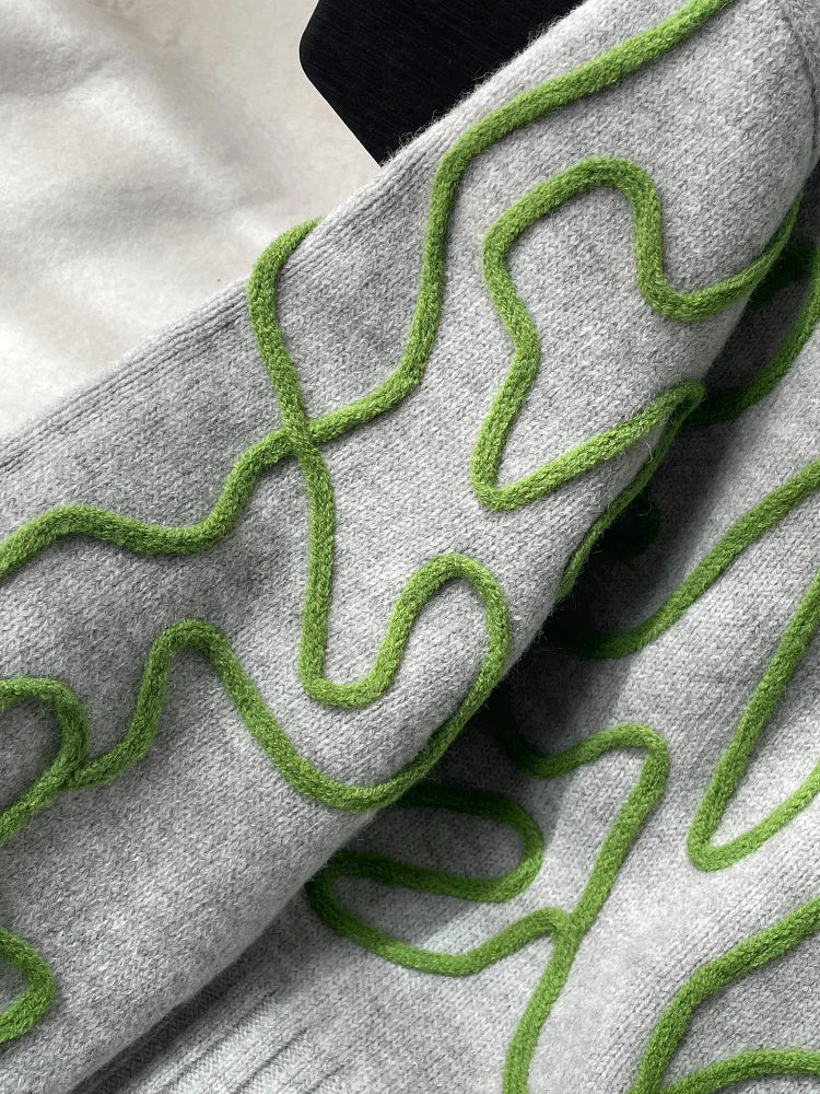 Women Wool-blend Casual Pullover Sweater Abstract 3D Embroidery Ribbed Hem Long Sleeves Jumper Trendy Knitwear 2025 Fall/Winter