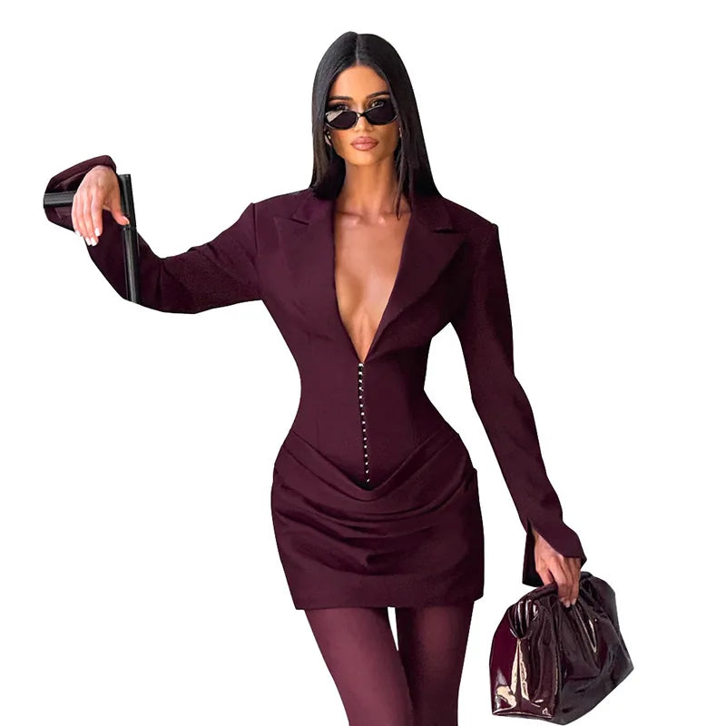Women's Suit Blazer With Scarf Sexy Solid Color Deep V Full Sleeve Formal Office Lady Mini Party Formal Evening Coat Jacket Coat