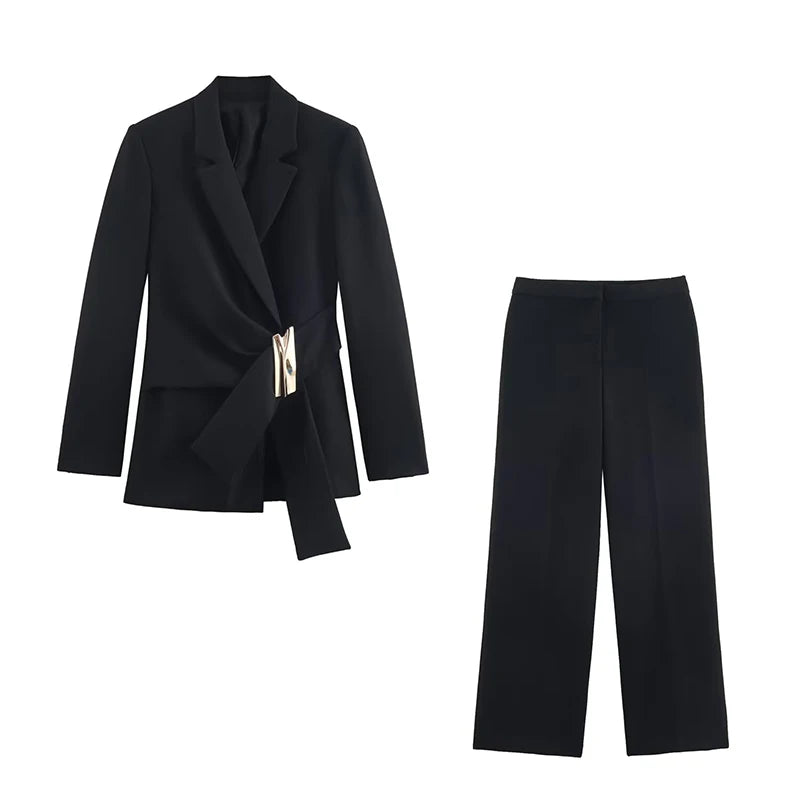 Women's Suit Pants Two-Piece Set Buckle Decoration Long Sleeve Blazer Coat + Straight-Leg Pants 2 Pieces Sets Chic Woman Outfits