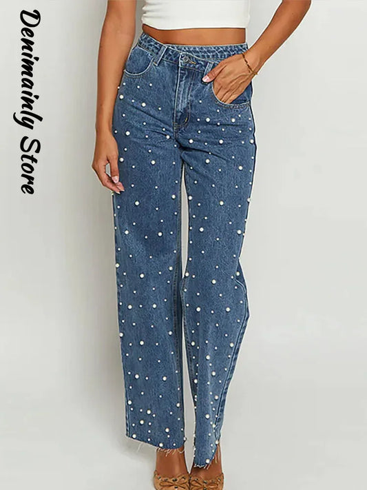 Fashion Full Pearl High Street Woman Jeans Crossed Waist Denim All Match Straight Trousers New Rough Selvedge Sweet Girls Pants