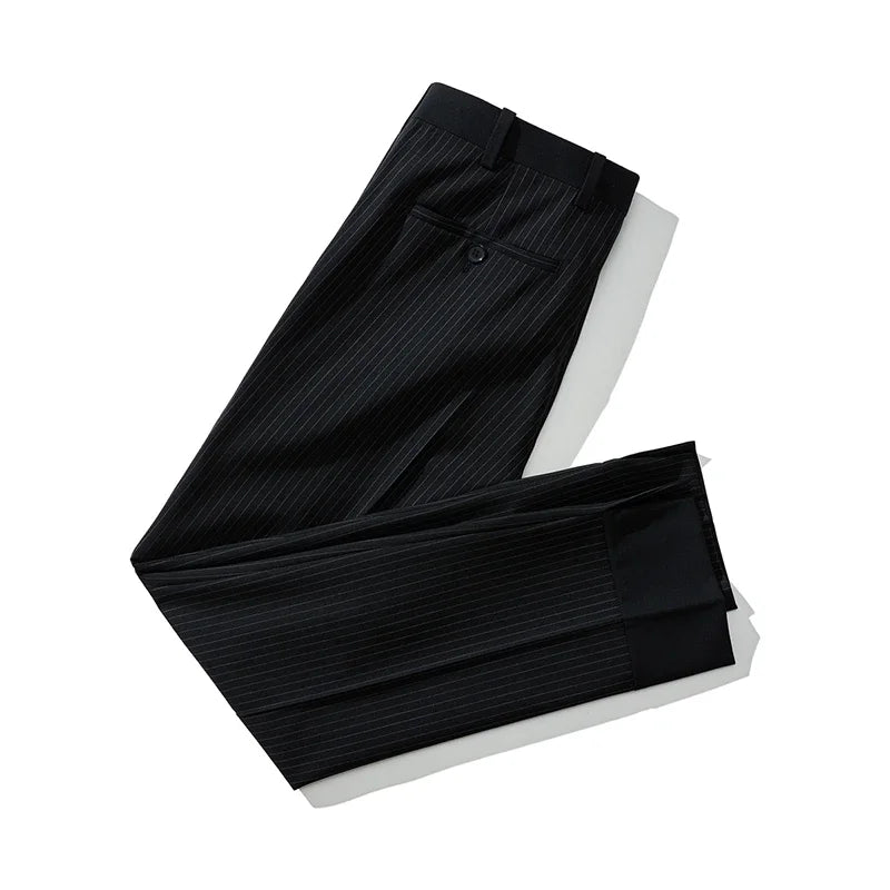 Black Men's Striped Casual Pant, Fashion Slim Calf Length Pants
