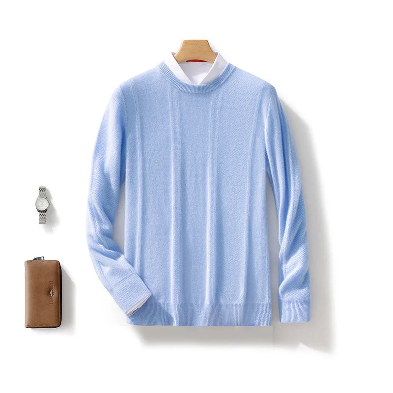 Autumn Winter 100% Merino Wool O-Neck Vertical Stripes Sweater Pullover Cashmere