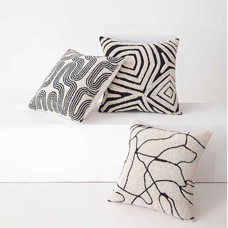 New Geometric Abstract Embroidered Cushion Cover Modern Beige Black Fully Tufted Pillowcase Home Decorative Pillows for Sofa