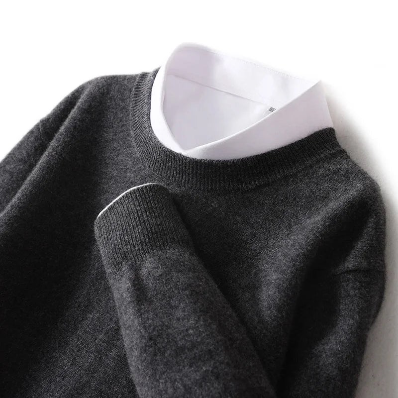 Autumn And Winter New 100% Wool Sweater Men's Round Neck Long Sleeved Pullover Sweater Loose Knit Cashmere Sweater