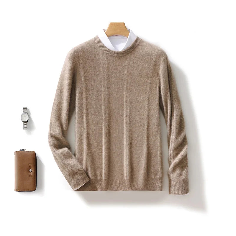 Autumn Winter 100% Merino Wool O-Neck Vertical Stripes Sweater Pullover Cashmere