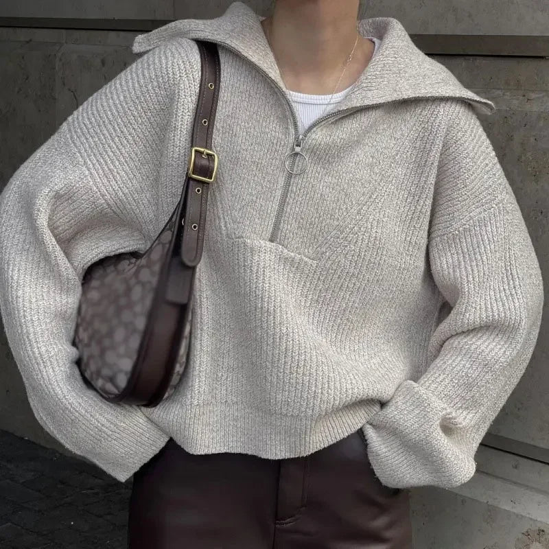Casual Lapel Women Solid Sweater Loose Simple Zipper Long Sleeve Female Pullover 2025 Autumn Winter Lady All-match Simple Jumper