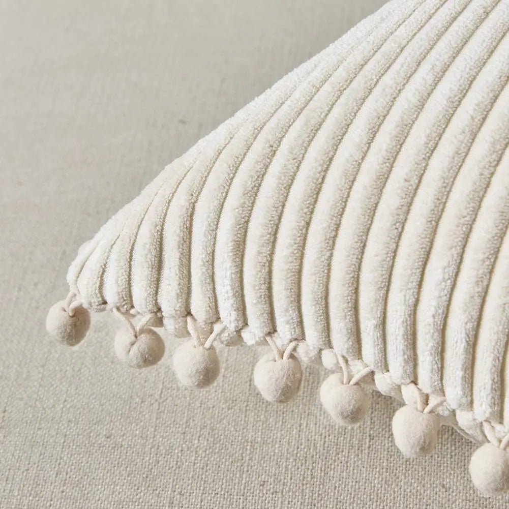 Corduroy Striped Cushion Cover with Pom Pom Solid Boho Throw Pillow Case Decorative Pillows for Sofa Bed Beige Lumbar Cushion