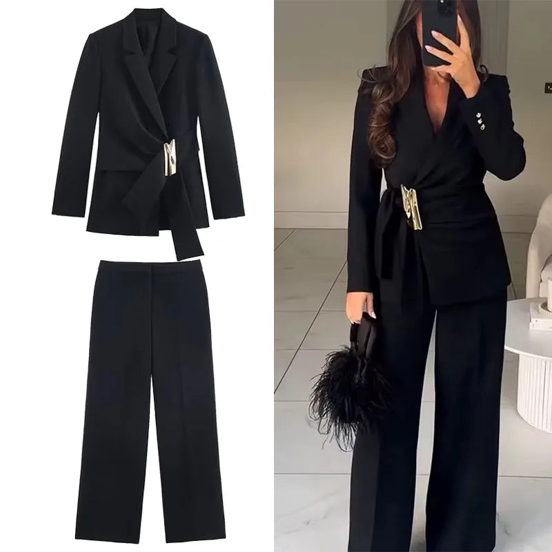 Women's Suit Pants Two-Piece Set Buckle Decoration Long Sleeve Blazer Coat + Straight-Leg Pants 2 Pieces Sets Chic Woman Outfits