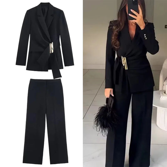 Women's Suit Pants Two-Piece Set Buckle Decoration Long Sleeve Blazer Coat + Straight-Leg Pants 2 Pieces Sets Chic Woman Outfits