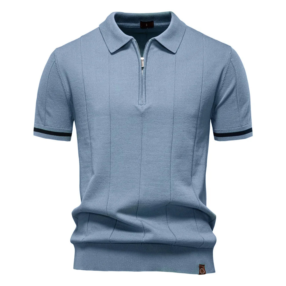 New men's business casual short-sleeved fashion trend knitted POLO shirt with lapel and half-zip pullover design.