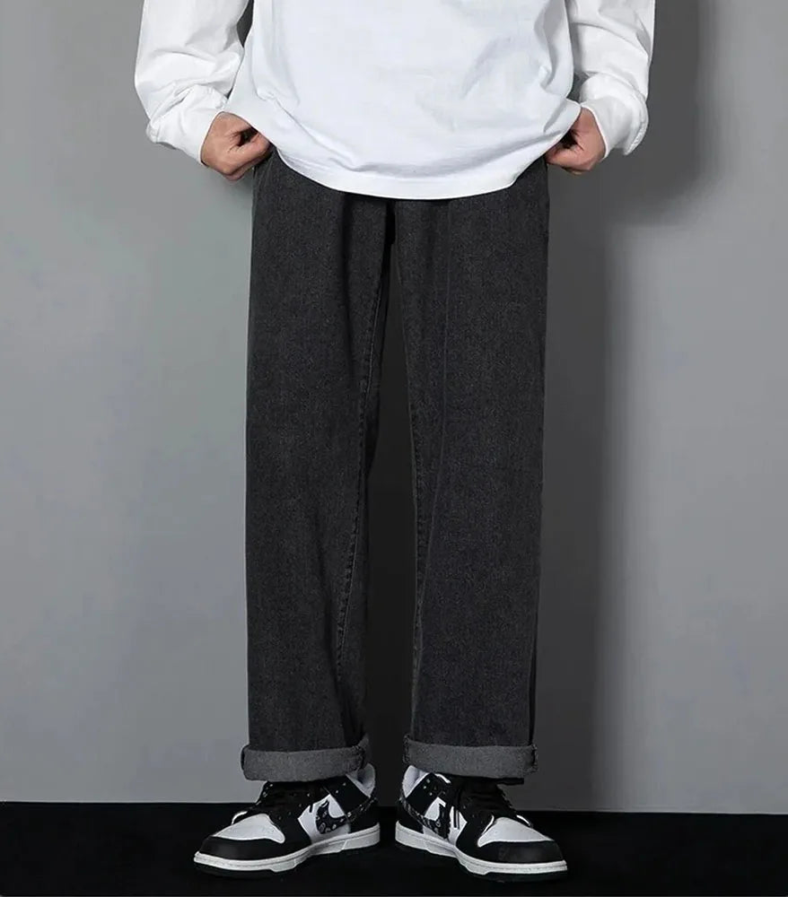 Solid Colors Men's Casual Long Jeans Classic Man Four Seasons Straight Denim Wide-leg Pants Light Blue Grey Black