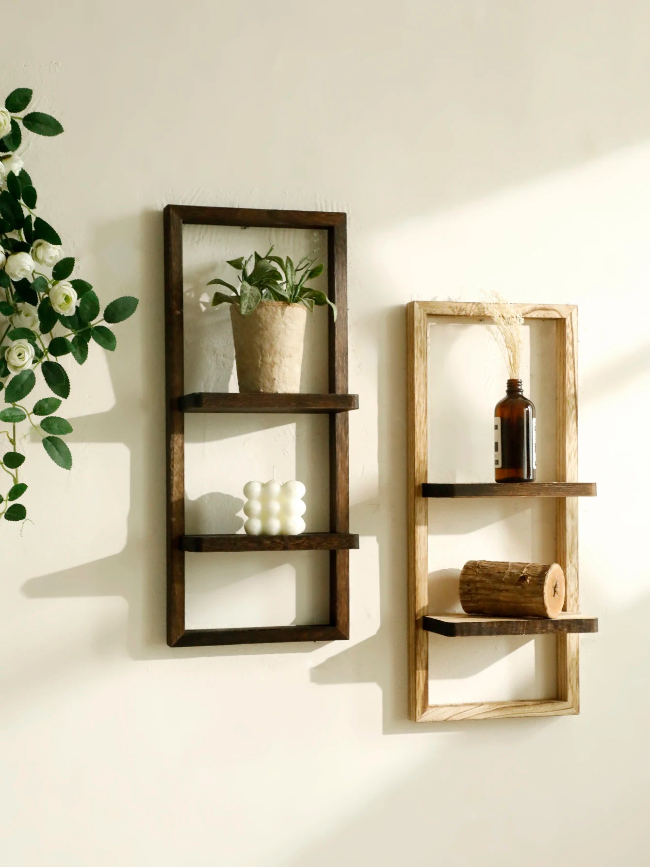 1pc Rustic Wooden Wall Shelves 2-tier Floating Shelf for Plants Decor Home Living Room Kitchen Bedroom Wall Mounted Display Rack