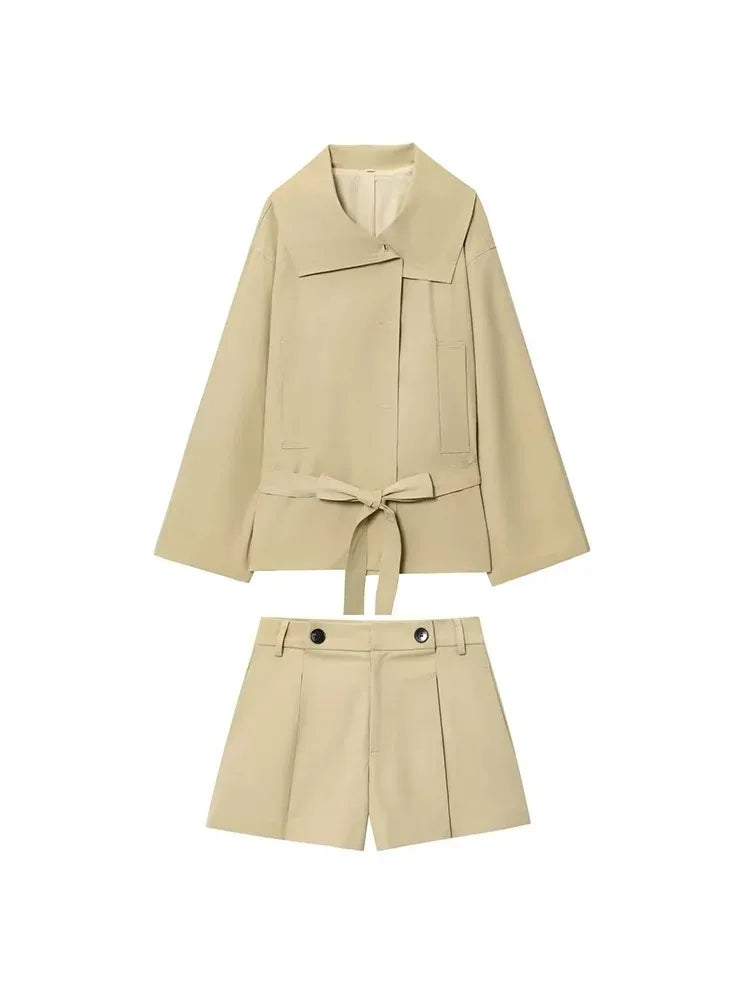 KONDALA Office Lady Khaki Suits Women Long Sleeve Sashes Button Trench Jakcets Wide Leg Button Shorts Fashion 2025 Autumn Suits