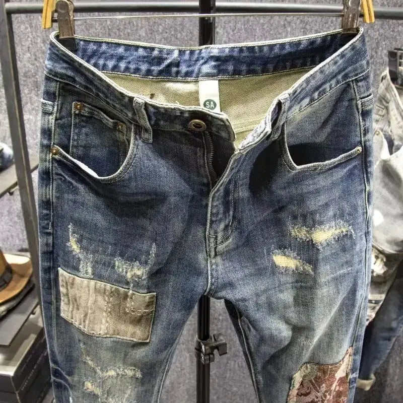 New 2025 Vintage Contrast Patch Jeans Men's Slim Casual Spring Autumn
