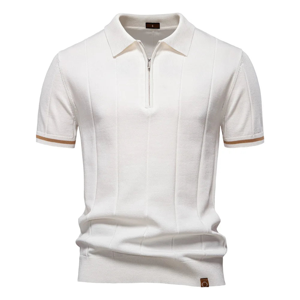 New men's business casual short-sleeved fashion trend knitted POLO shirt with lapel and half-zip pullover design.