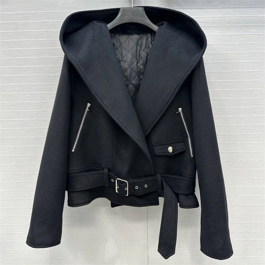 Women's jacket New autumn 2025 waist belt slim hood women's coats Wool blend woolen coat Woman winter coats quilted jacket woman