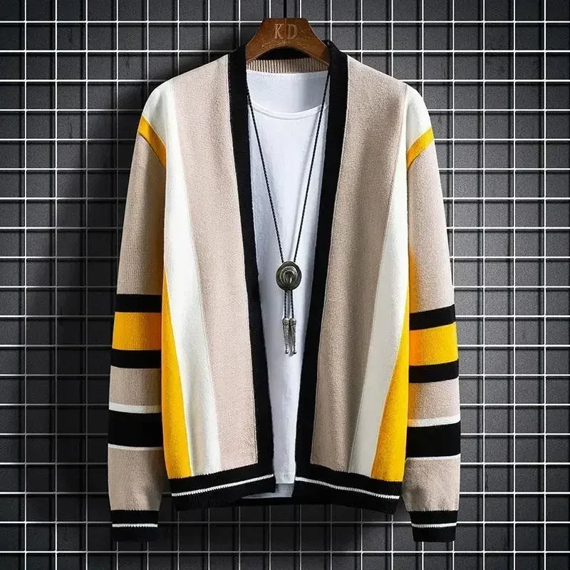 Sweaters for Men Blue Striped V Neck Man Clothes No Hoodie Cardigan Casual Cotton