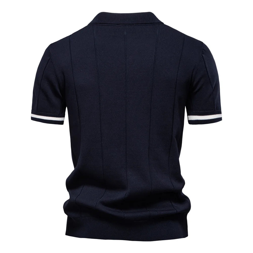 New men's business casual short-sleeved fashion trend knitted POLO shirt with lapel and half-zip pullover design.