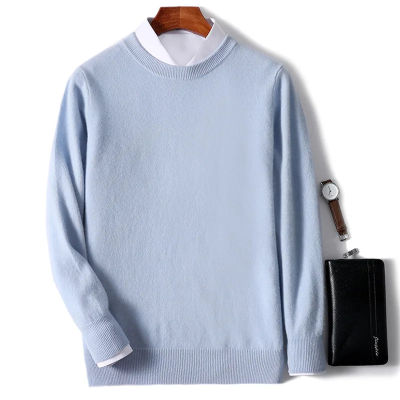 Autumn And Winter New 100% Wool Sweater Men's Round Neck Long Sleeved Pullover Sweater Loose Knit Cashmere Sweater