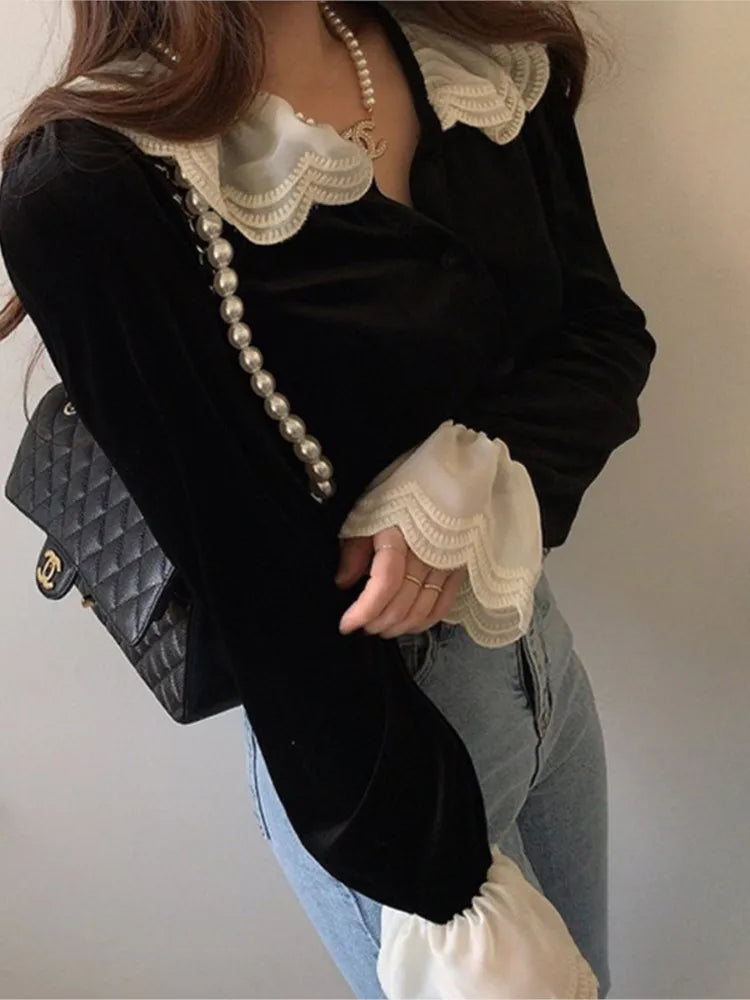 Autumn Velvet Shirts Tops Women Lace Patchwork Fashion Ruffle Long Sleeve Ladies Blouses Vintage Woman Shirt