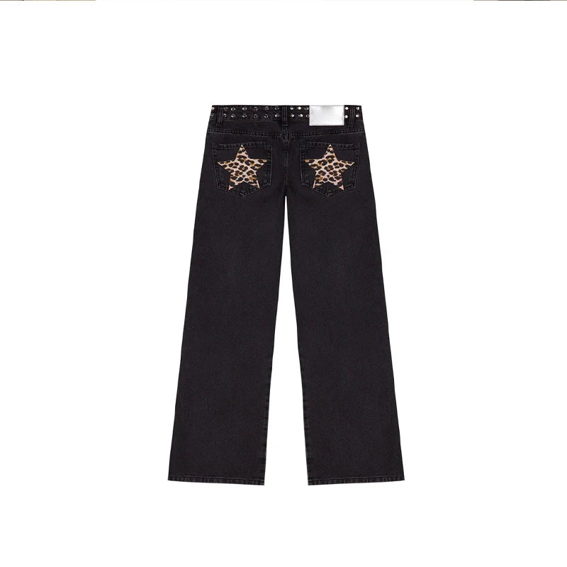 High Street Rivet Y2k Woman Long Jeans Denim Star Patchwork Low Waist Straight Pants 2025 New Fashion Casual Women's Trousers