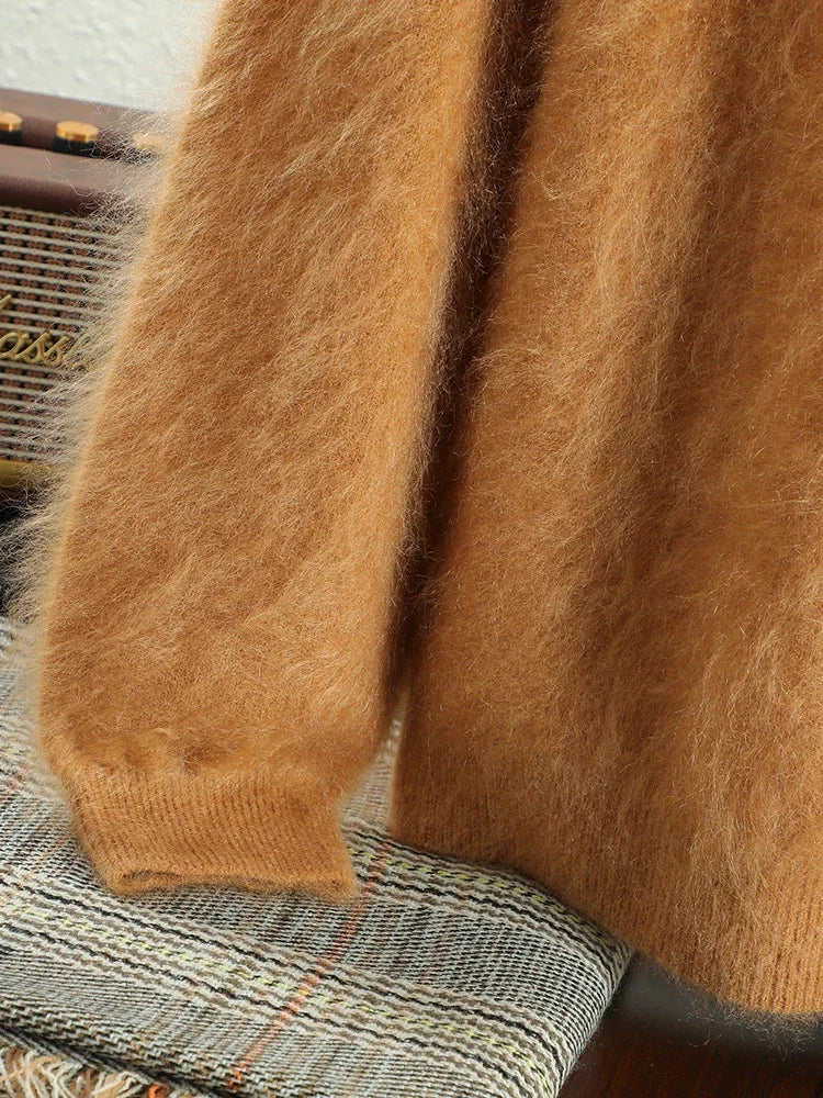 Men's 100% Plush Cashmere Sweaters O-neck Basic Pullovers Long Fluff Pure Brushing Cashmere Jumpers 2024 New Autumn Winter