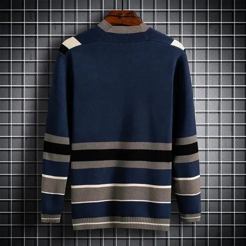 Sweaters for Men Blue Striped V Neck Man Clothes No Hoodie Cardigan Casual Cotton