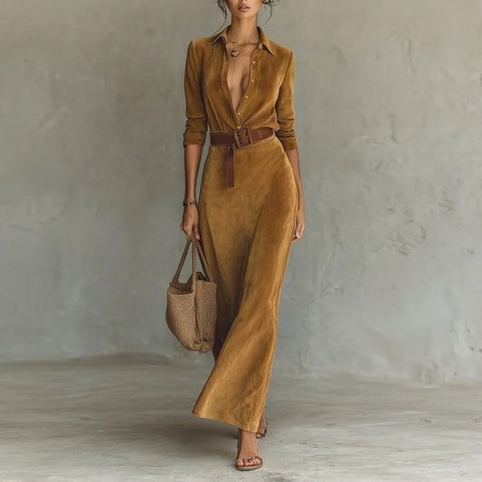 Woman Clothes Dresses 2025 Autumn Suede Waist Long Shirt Collar Elegant Dress With Belt Elegant Party Dresses Female Clothing