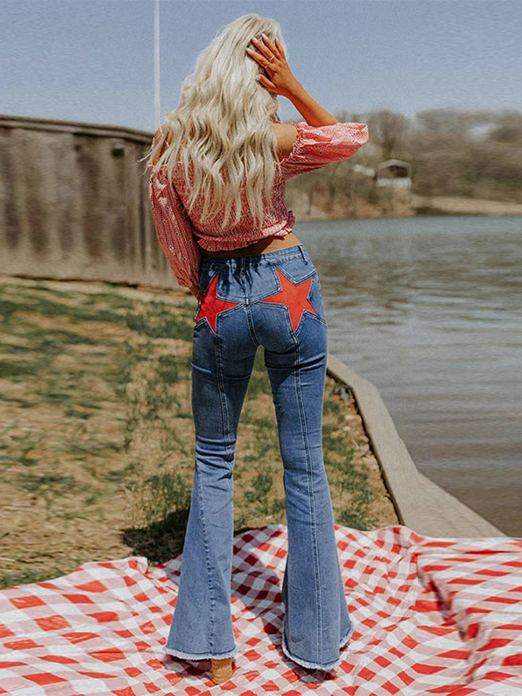 High Street Rivet Y2k Woman Long Jeans Denim Star Patchwork Low Waist Straight Pants 2025 New Fashion Casual Women's Trousers