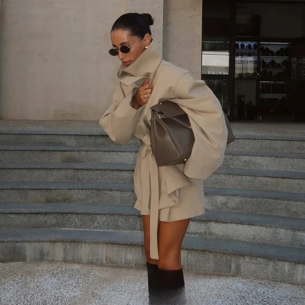 KONDALA Office Lady Khaki Suits Women Long Sleeve Sashes Button Trench Jakcets Wide Leg Button Shorts Fashion 2025 Autumn Suits