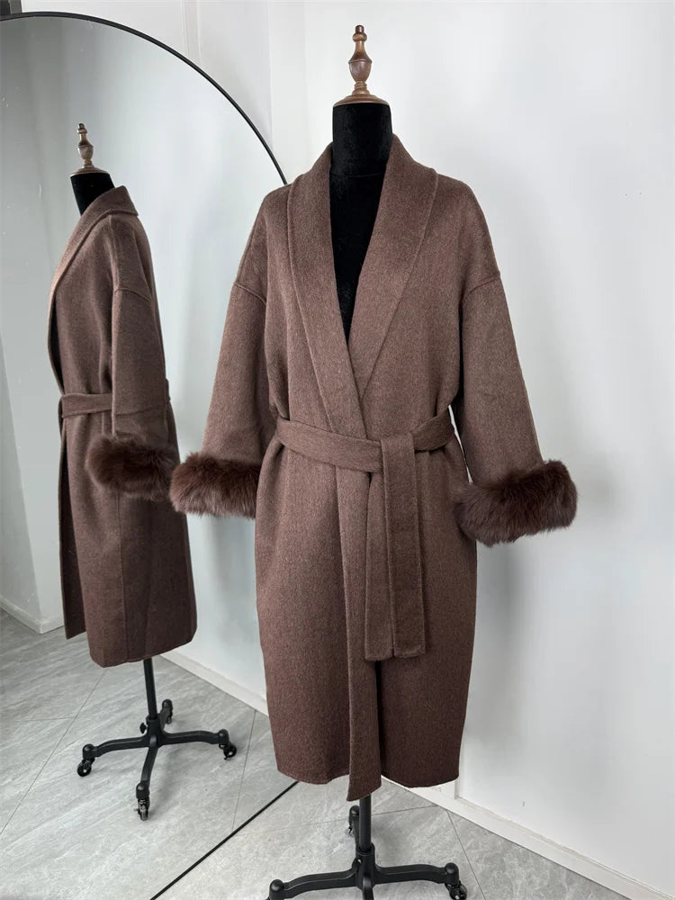 Tossy Fox Fur Wool Overcoat Women's Short Coat Office Lady Elegant Double-sided Woolen Coat 2025 New Cardigan Jackets Loose Wool