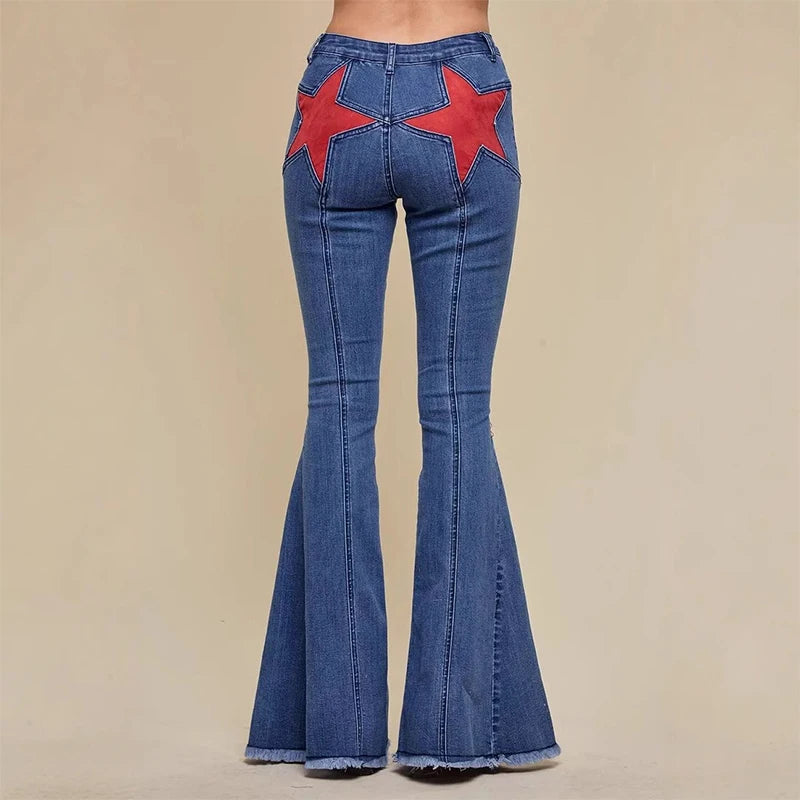 High Street Rivet Y2k Woman Long Jeans Denim Star Patchwork Low Waist Straight Pants 2025 New Fashion Casual Women's Trousers