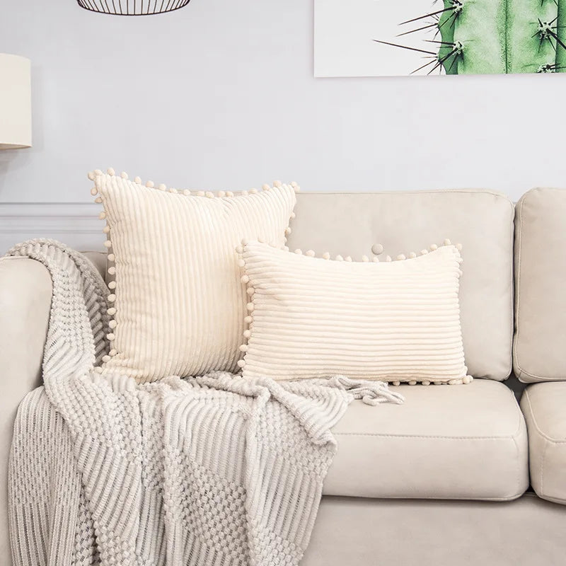 Corduroy Striped Cushion Cover with Pom Pom Solid Boho Throw Pillow Case Decorative Pillows for Sofa Bed Beige Lumbar Cushion