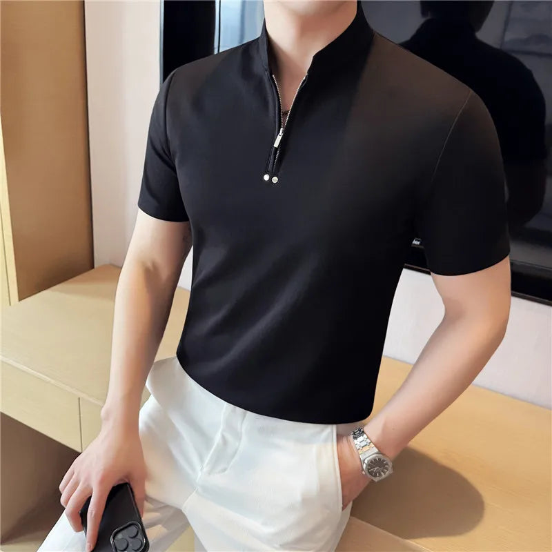 Summer Short Sleeved Polo Shirt Solid Casual Slim fit T-shirt Stand Up Collar Cotton Tee Streetwear Trendy Fashion Men Clothing