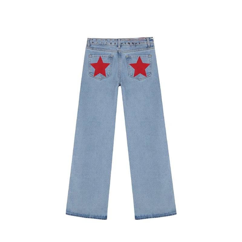 High Street Rivet Y2k Woman Long Jeans Denim Star Patchwork Low Waist Straight Pants 2025 New Fashion Casual Women's Trousers