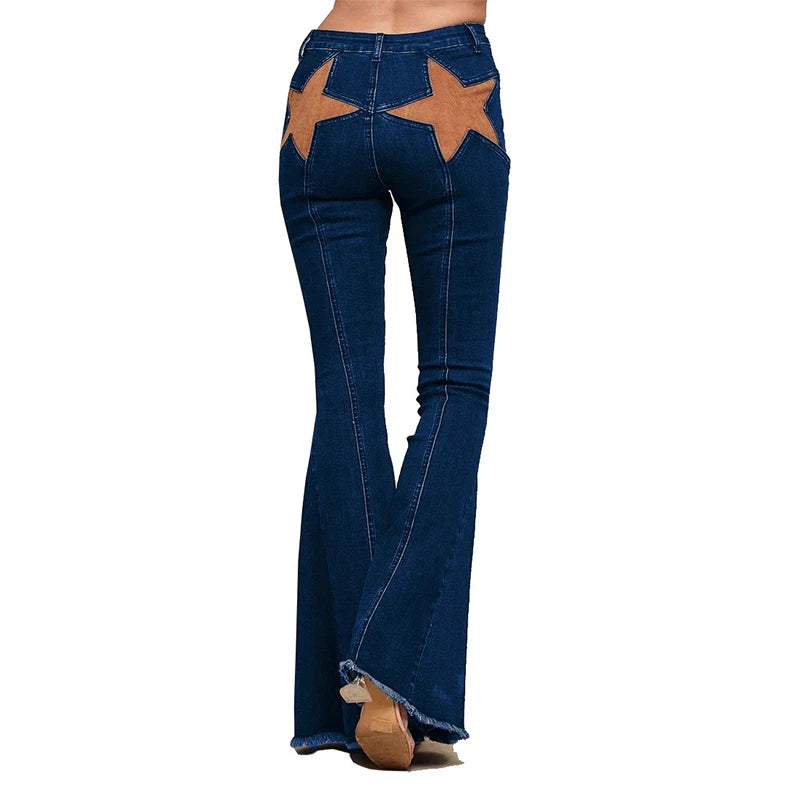 High Street Rivet Y2k Woman Long Jeans Denim Star Patchwork Low Waist Straight Pants 2025 New Fashion Casual Women's Trousers