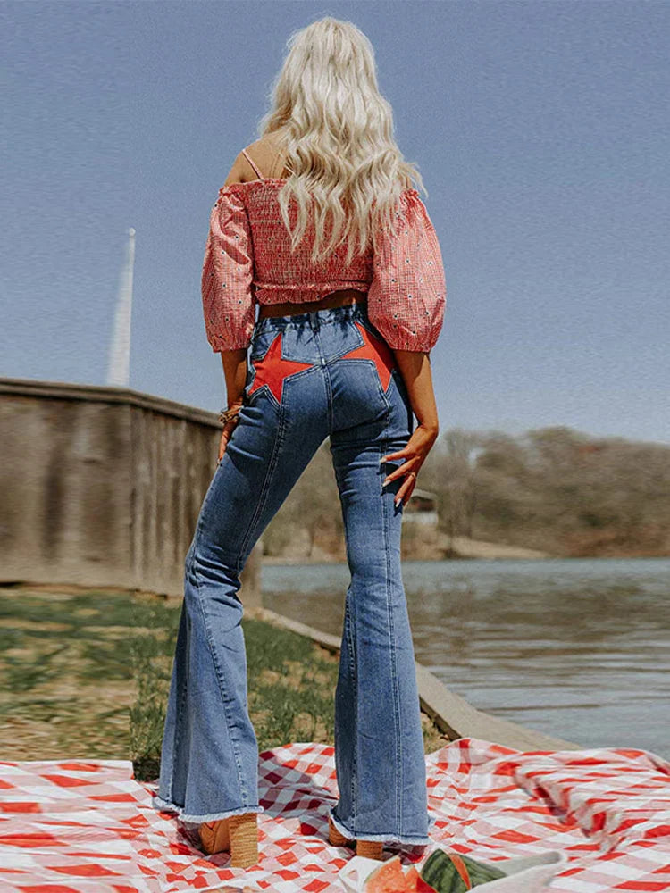 High Street Rivet Y2k Woman Long Jeans Denim Star Patchwork Low Waist Straight Pants 2025 New Fashion Casual Women's Trousers