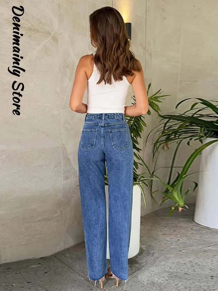 Fashion Full Pearl High Street Woman Jeans Crossed Waist Denim All Match Straight Trousers New Rough Selvedge Sweet Girls Pants
