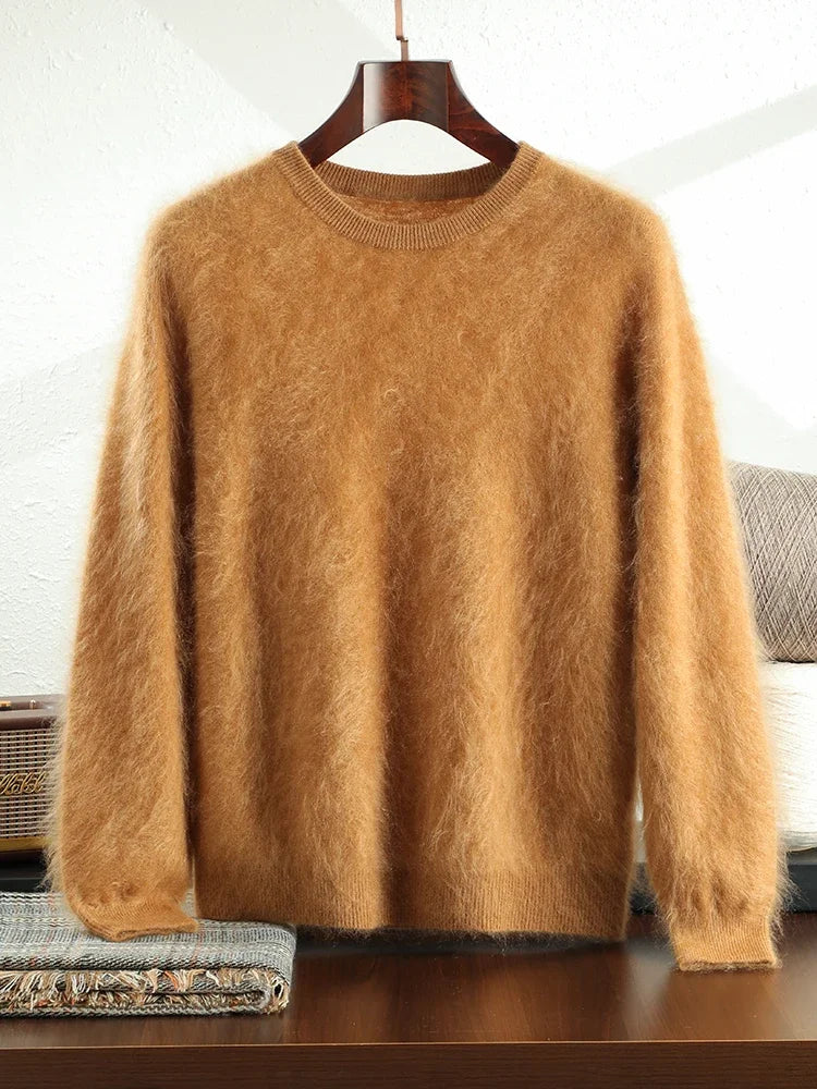 Men's 100% Plush Cashmere Sweaters O-neck Basic Pullovers Long Fluff Pure Brushing Cashmere Jumpers 2024 New Autumn Winter