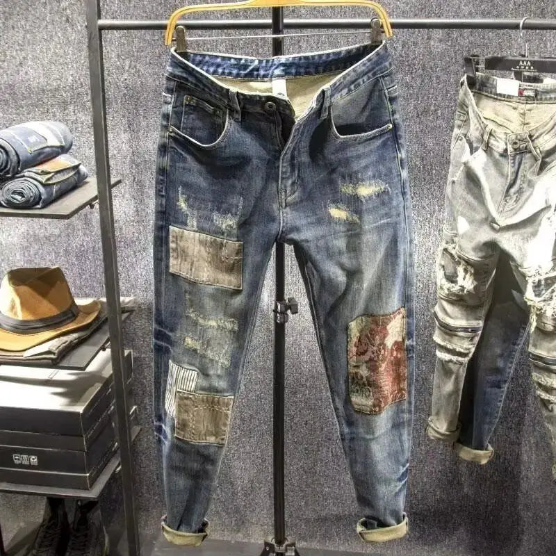 New 2025 Vintage Contrast Patch Jeans Men's Slim Casual Spring Autumn