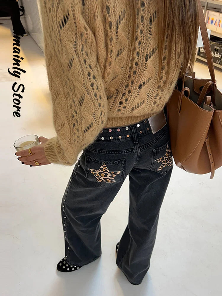 High Street Rivet Y2k Woman Long Jeans Denim Star Patchwork Low Waist Straight Pants 2025 New Fashion Casual Women's Trousers