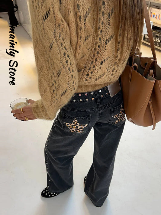 High Street Rivet Y2k Woman Long Jeans Denim Star Patchwork Low Waist Straight Pants 2025 New Fashion Casual Women's Trousers