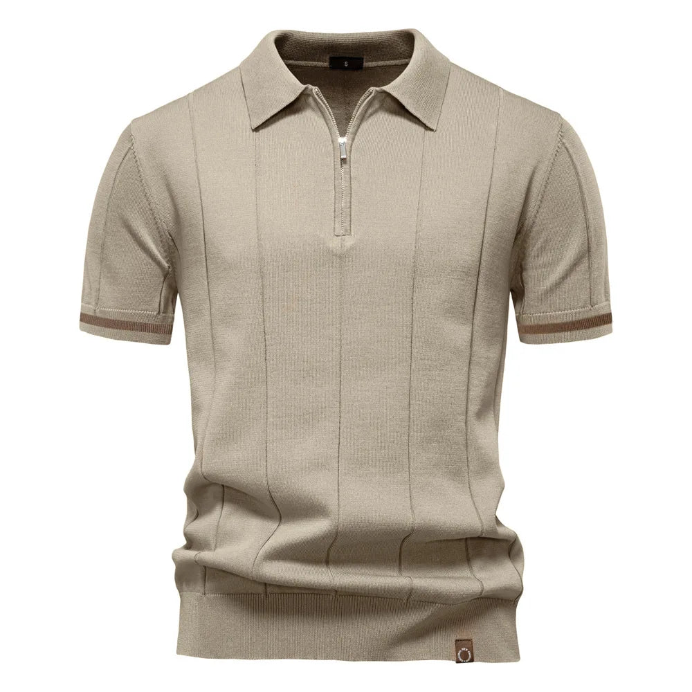 New men's business casual short-sleeved fashion trend knitted POLO shirt with lapel and half-zip pullover design.