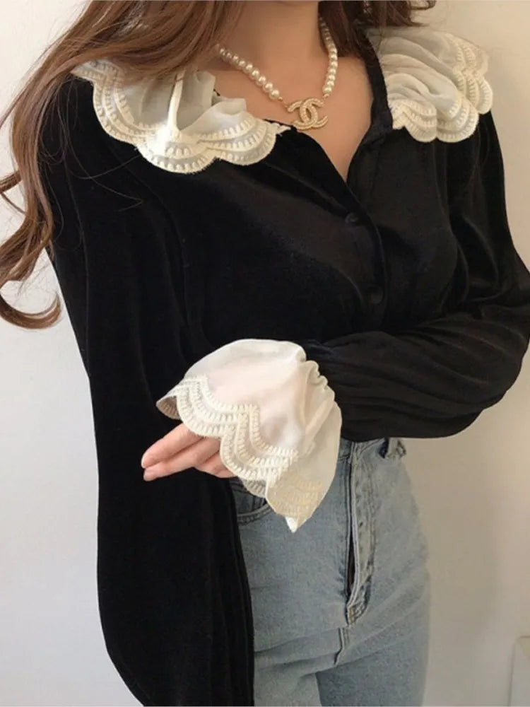 Autumn Velvet Shirts Tops Women Lace Patchwork Fashion Ruffle Long Sleeve Ladies Blouses Vintage Woman Shirt