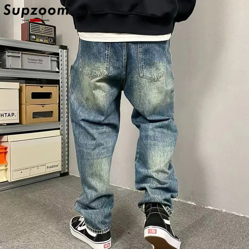 Supzoom New Arrival Top Fashion Cross Vintage Autumn And Winter Casual Design Loose Straight Embroidery Denim Men Jeans