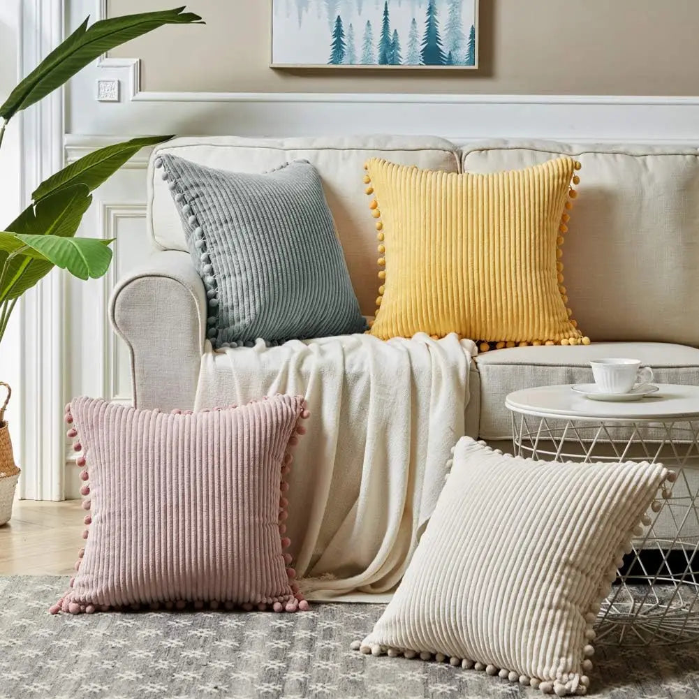 Corduroy Striped Cushion Cover with Pom Pom Solid Boho Throw Pillow Case Decorative Pillows for Sofa Bed Beige Lumbar Cushion