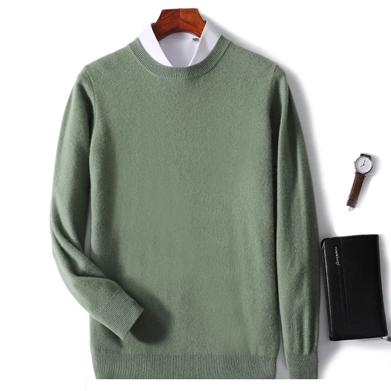 Autumn And Winter New 100% Wool Sweater Men's Round Neck Long Sleeved Pullover Sweater Loose Knit Cashmere Sweater